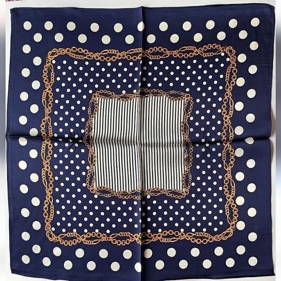 Women Silky Scarf Square Chain Print Polka Dot Navy Blue Head Scarf Satin Shawl - Picture 1 of 4